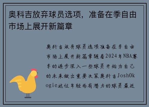 奥科吉放弃球员选项，准备在季自由市场上展开新篇章