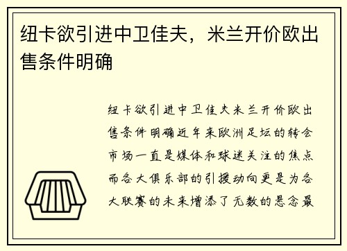 纽卡欲引进中卫佳夫，米兰开价欧出售条件明确