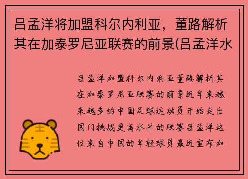 吕孟洋将加盟科尔内利亚，董路解析其在加泰罗尼亚联赛的前景(吕孟洋水平)