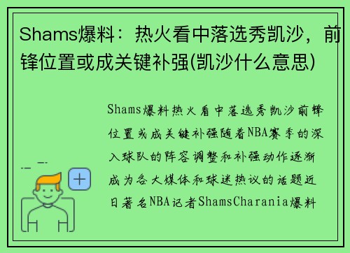 Shams爆料：热火看中落选秀凯沙，前锋位置或成关键补强(凯沙什么意思)