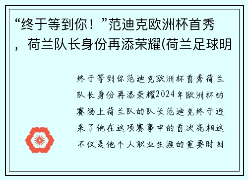 “终于等到你！”范迪克欧洲杯首秀，荷兰队长身份再添荣耀(荷兰足球明星范迪克)